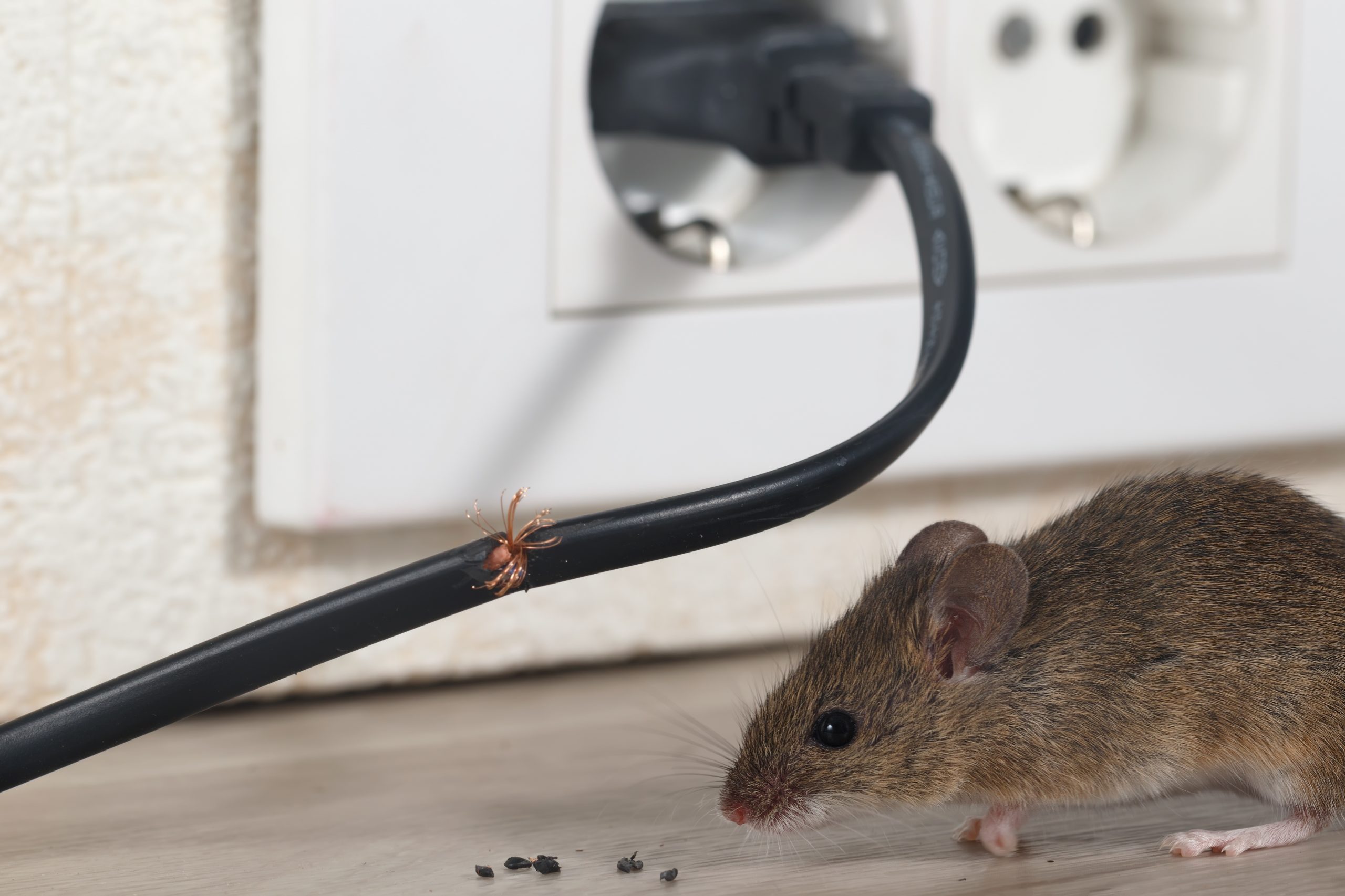 Closeup mouse sits near chewed wire in an apartment kitchen and electrical outlet . Inside high-rise buildings. Fight with mice in the apartment. Extermination. Small DOF focus put only to wire.